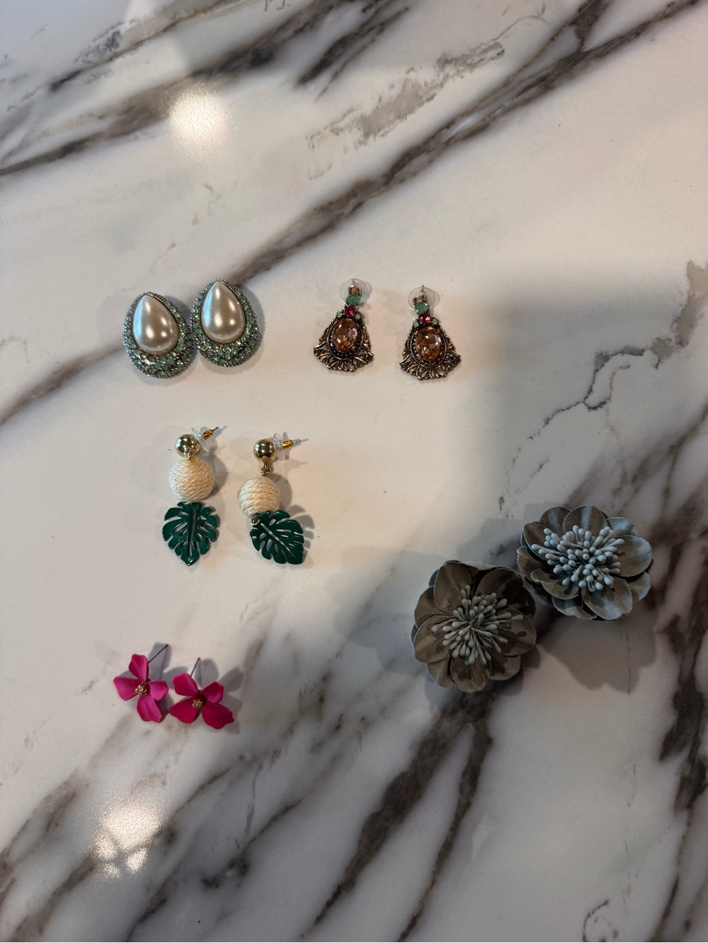Pearl Teardrop Earrings wGreen Crystal Halo/ tropical earrings - lot of 5 pairs